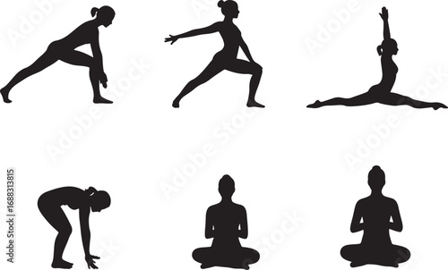 Vector collection of women silhouettes in various yoga poses, representing mindfulness, fitness, and meditation on a clean white background