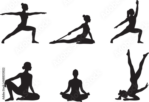 Vector illustration of a diverse group of women's silhouettes in various yoga and stretching poses, representing wellness, health, and balance