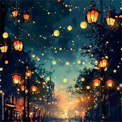 lamp, light, street, lantern, night, old, post, metal, sky, glass, lighting, iron, bulb, architecture, vintage, antique, lamppost, electricity, design, city, streetlight, electric, illustration, dark,