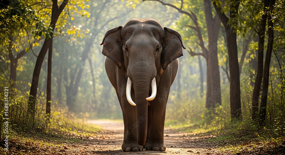 Fototapeta premium Majestic elephant walks through sunlit forest path