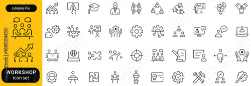 Workshop icon set. Business related line icons teamwork, collaboration, education, coaching, team building, meeting, training, presentation and more. Editable stroke. Vector illustration