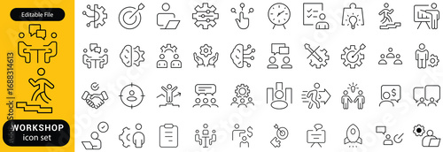 Workshop icon set. Business related line icons teamwork, collaboration, education, coaching, team building, meeting, training, presentation and more. Editable stroke. Vector illustration