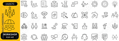 Workshop icon set. Business related line icons teamwork, collaboration, education, coaching, team building, meeting, training, presentation and more. Editable stroke. Vector illustration