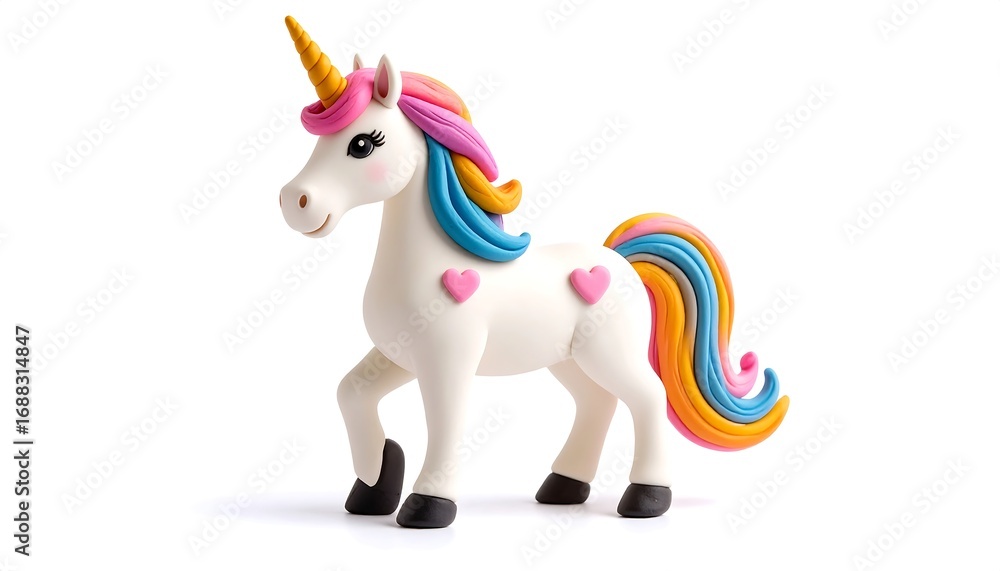 Fototapeta premium Standing Unicorn Figurine with Colorful Mane and Hearts