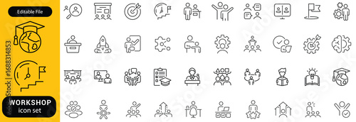 Workshop icon set. Business related line icons teamwork, collaboration, education, coaching, team building, meeting, training, presentation and more. Editable stroke. Vector illustration