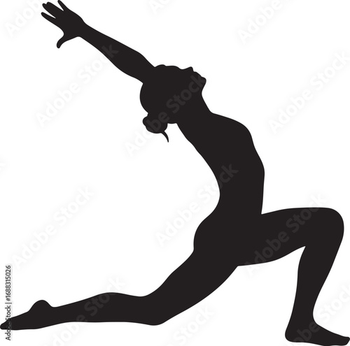 Vector silhouette of a woman performing a yoga crescent lunge pose, representing balance, strength, and mindful fitness on a white background