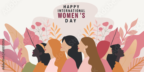 Happy international womens day with diverse women and floral elements