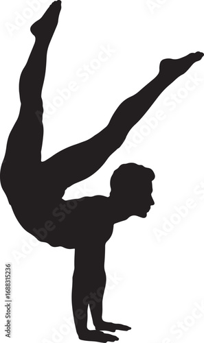 Male athlete silhouette in a handstand pose, with one leg raised high, showcasing balance, strength, and acrobatic flexibility, a symbol of power
