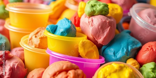 Brightly colored plastic containers overflowing with vibrant playdough, plastic containers, playdough