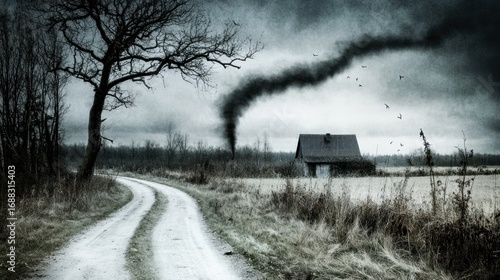 Eerie rural scene with a winding road, solitary house, dark smoke and dramatic sky portraying