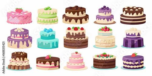 Collection of colorful and delicious cartoon cakes with various decorations and flavors