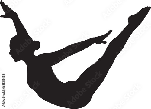 Silhouette of a fit woman performing a yoga pose, lying on her stomach with both arms and legs raised, isolated on a white background