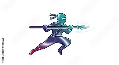 Cartoon Ninja Warrior with Spear, Ready for Action, Colorful and Dynamic.
