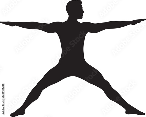A powerful silhouette of a man performing the Wide-Legged Forward Fold yoga pose, representing flexibility, balance, and core strength on a clean white background