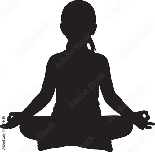 Yoga girl silhouette meditating in the lotus position, with her eyes closed and hands in a mudra pose, symbolizing peace and wellness