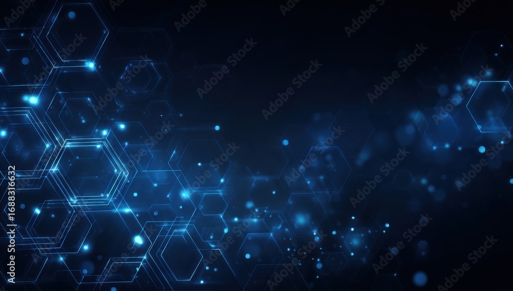 Obraz premium Abstract digital network. Hexagonal grid patterns, glowing blue lines and points, dark background