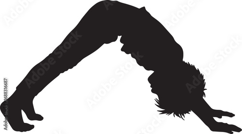 black and white silhouette of a person doing a downward facing dog yoga pose on a white background