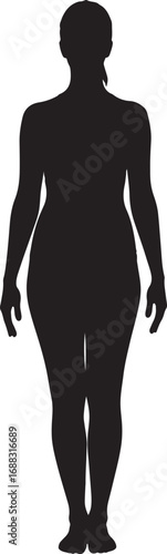 Full-length silhouette of a standing young female body, with hair tied back, isolated on a white background for easy use