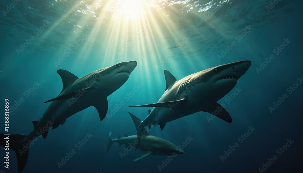 Obraz premium Powerful sharks swim together in deep ocean water, silhouetted against ambient light creating dramatic underwater scene. Majestic marine predators move in unison, nature wild beauty, vast ocean