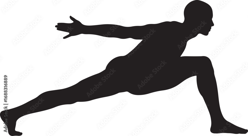 Fototapeta premium Black vector silhouette of a man practicing warrior pose during a yoga workout
