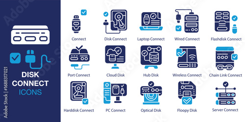 Disk Connect icon set. Containing disk, computer, connection, storage, and more. Solid vector icons collection. Vector illustration.
