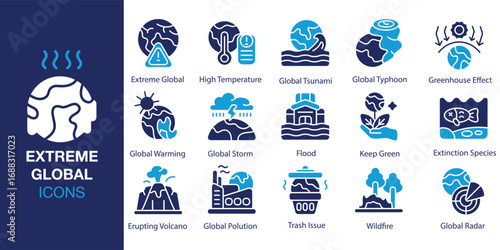 Extreme Global icon set. Containing global, climate, extreme, weather, hot, and more. Solid vector icons collection. Vector illustration.