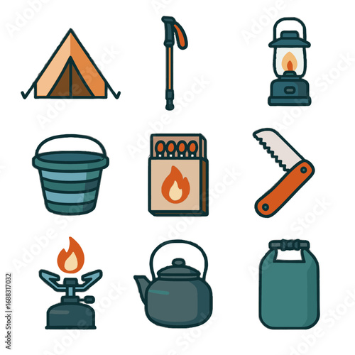 Triangular stick icon kettle icons vector folding hiking gear collapsible saw bucket