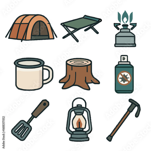 Vector repellent tree mug icons spatula tunnel stump folding camping tent essentials