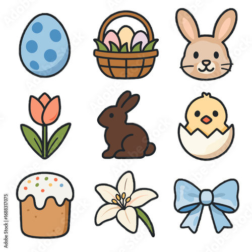 Cracked grid grass chocolate vector bow basket easter iced icons blossom rabbit