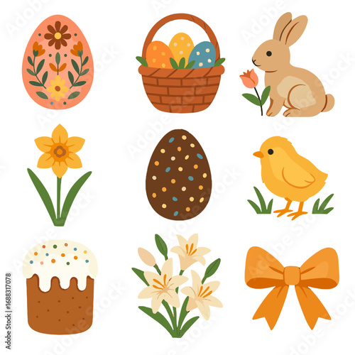 Icons vector motifs easter bouquet basket chocolate bunny grid icon ribbon tulip