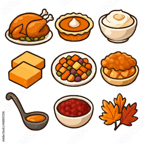 Icon turkey garnish thanksgiving vector cobbler mashed feast vegetables apple cornbread autumn