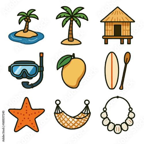 Icons escape mango icon diving woven hut vector hammock tree island bamboo