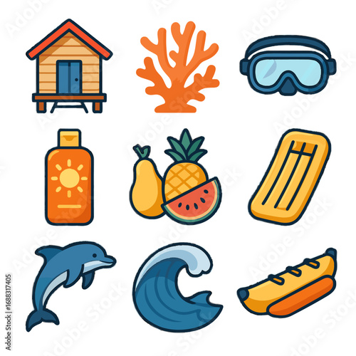 Raft hut lotion icon fruit icons vector reef banana dolphin summer wave