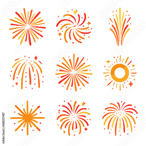 Swirling vector firework set radiant spikes burst bright fountain pattern fireworks icon