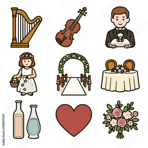 Wedding table aisle set icon love floral vector harp sand ceremony violin