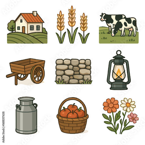 Can cows pasture vector stone hillside apples icon cart countryside set garden