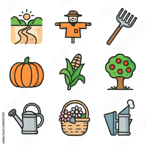 Countryside field grid scarecrow icons smoker path stalk icon beekeeping vector garden