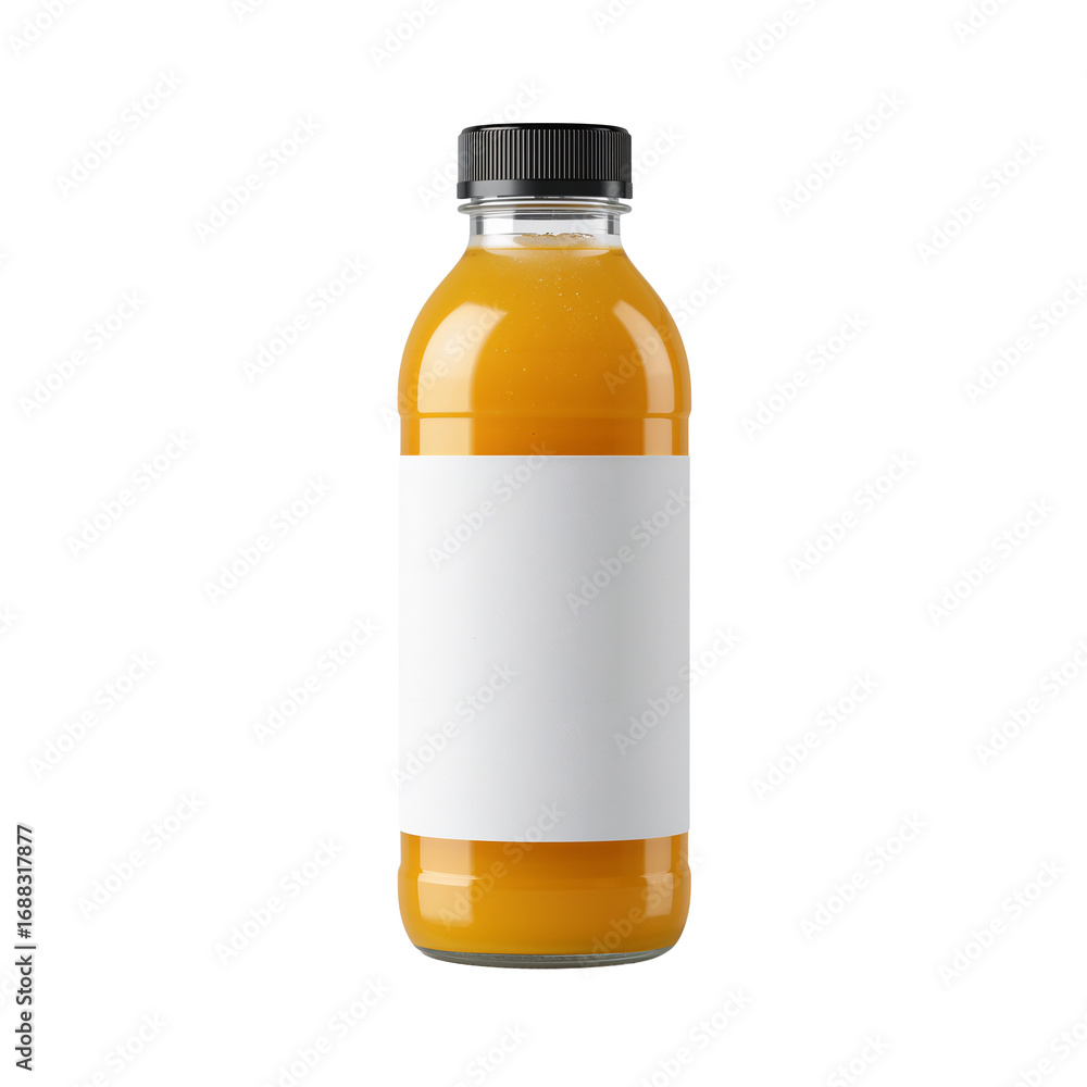 Obraz premium Realistic orange juice bottle mockup with blank label against dark background