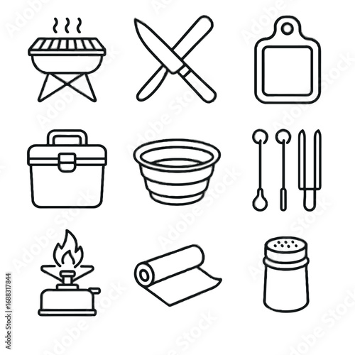 Camp prep icon meal board cutting portable stove handle roll shaker outdoor