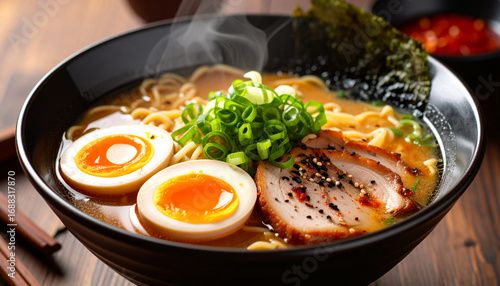Steaming bowl of ramen with rich broth, soft-boiled egg, and sliced pork