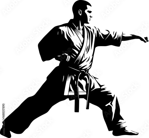 Bold and dramatic illustration of a male karate master in a powerful front stance
