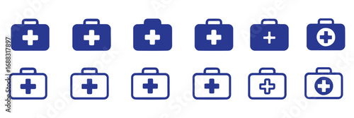 First aid box icon set. Medical briefcase sign. First aid kit bag vector icon. medicine bag icon.