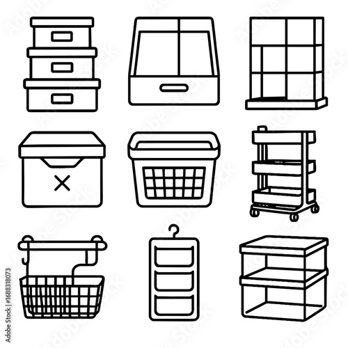 Vector box labeled rolling storage basket organized icons set shelving icon bins