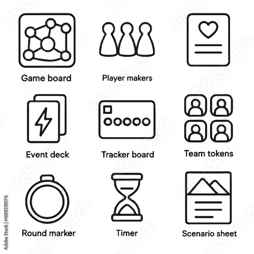 Vector scenario board objective round icon game card markers cooperative marker team