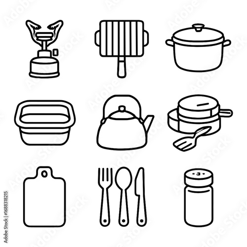 Grate collapsible grill utensils cooking camping vector kettle mess set cutting icon
