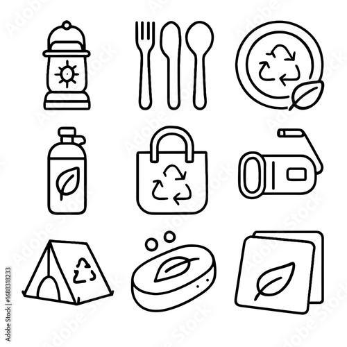 Utensils napkin bag soap compostable plate vector icons solar eco tent camping