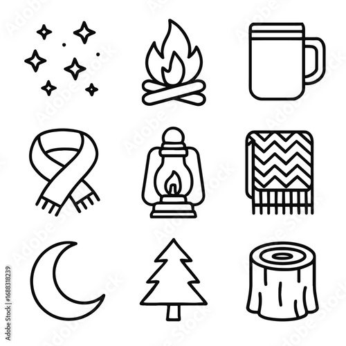 Icons detox vector evening silhouette sky wool icon starry stool mug blanket