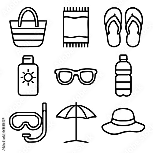 Essentials snorkel water tote icon vector icons sunglasses beach hat mask bottle