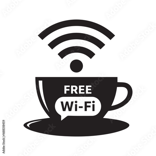 Free Wi-Fi sign for coffee shop or cafe. Black and white vector icon with a coffee cup and wireless internet symbol. Hotspot available here.
