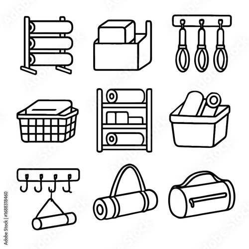 Icon mat wall organized shelf storage yoga gear bin hanger strap vector